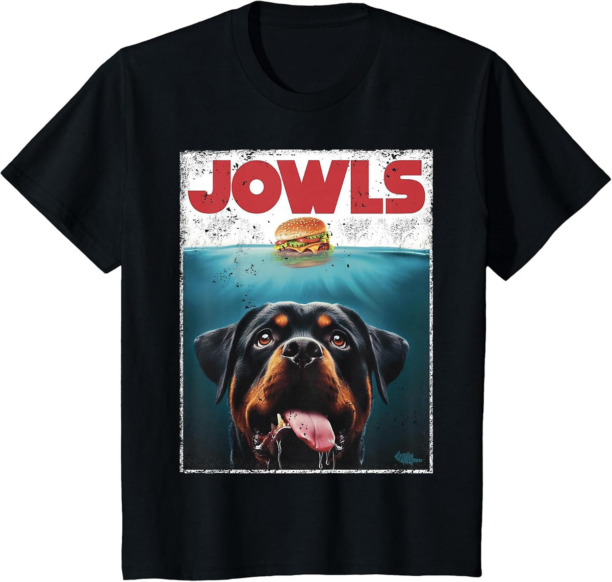 Funny Rottie Rottweiler Jowls Burger, Giant Tank Dog Mom Dad T-Shirt - Black