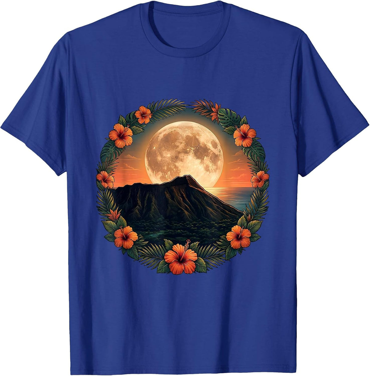 Moonlit Diamond Head Volcanic Crater Hawaii Art T-Shirt - Royal Blue
