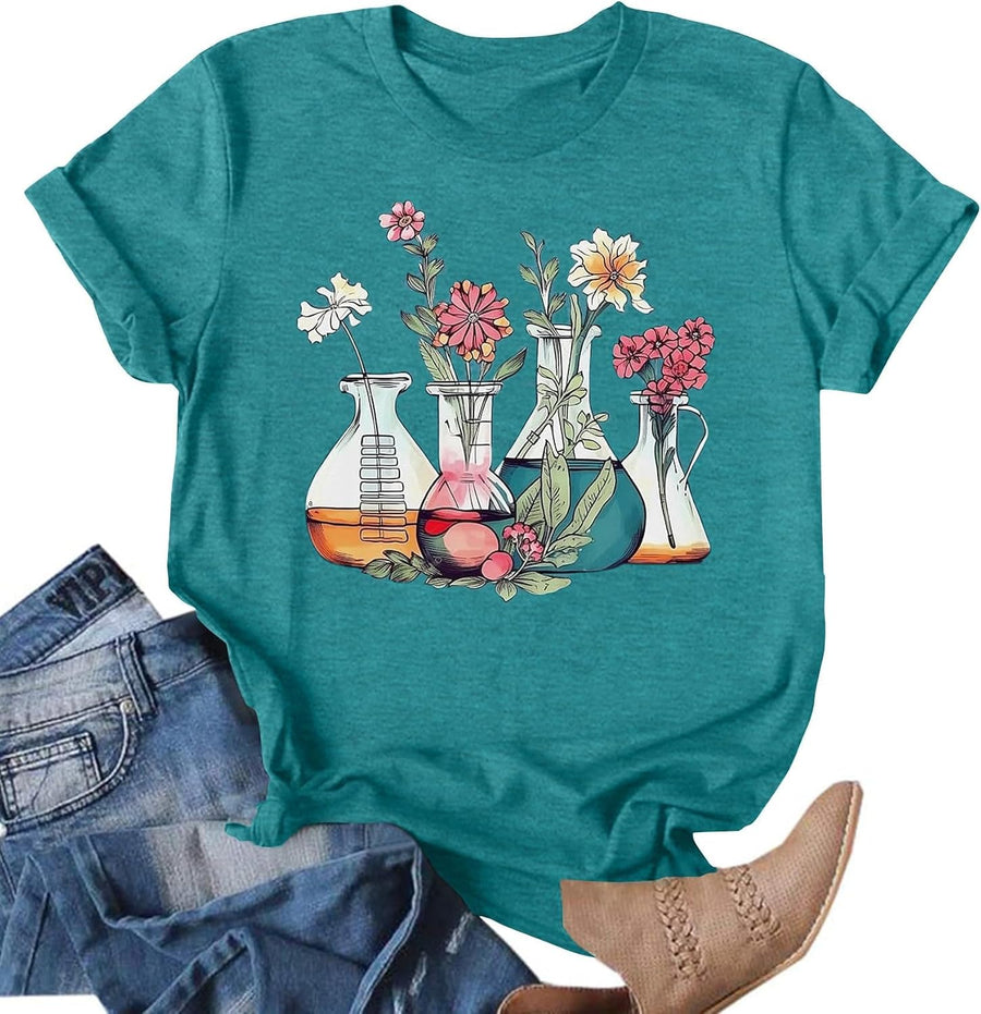 Science Teacher Shirt Women Floral Beakers Graphic Tee Chemistry Teacher Shirt Lab Gift Scientist Laboratory Tops - Cyan