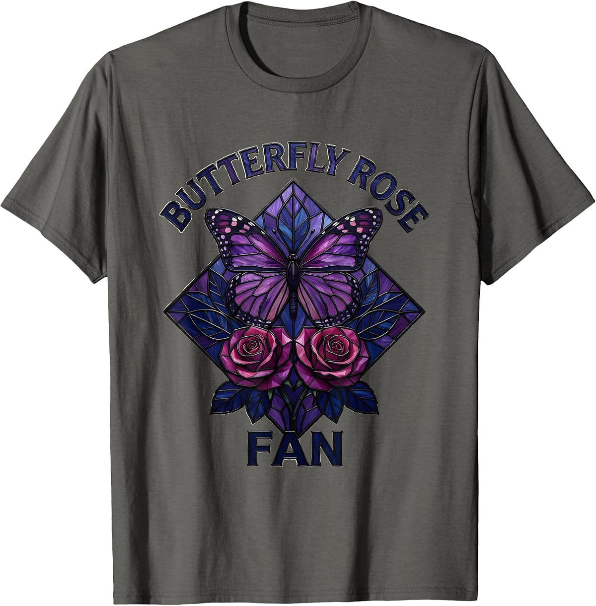 Butterfly Rose Fan Stained Glass Mosaic Butterfly Lover Gift T-Shirt - Asphalt Grey