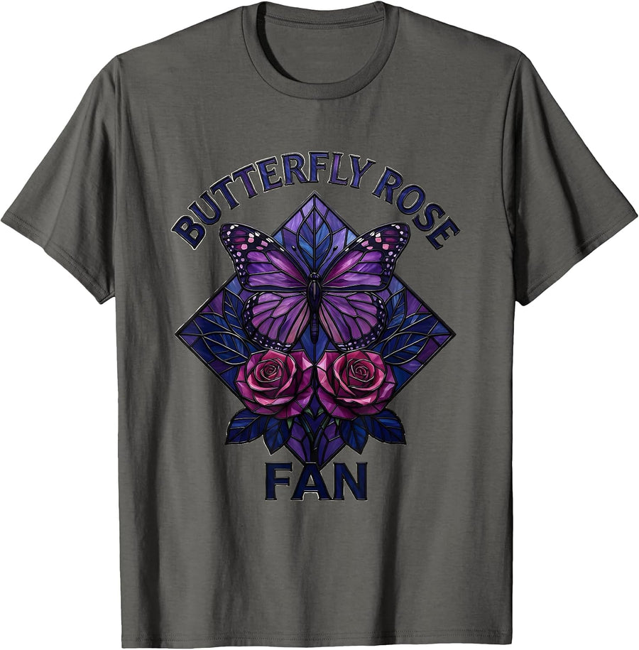 Butterfly Rose Fan Stained Glass Mosaic Butterfly Lover Gift T-Shirt - Asphalt Grey