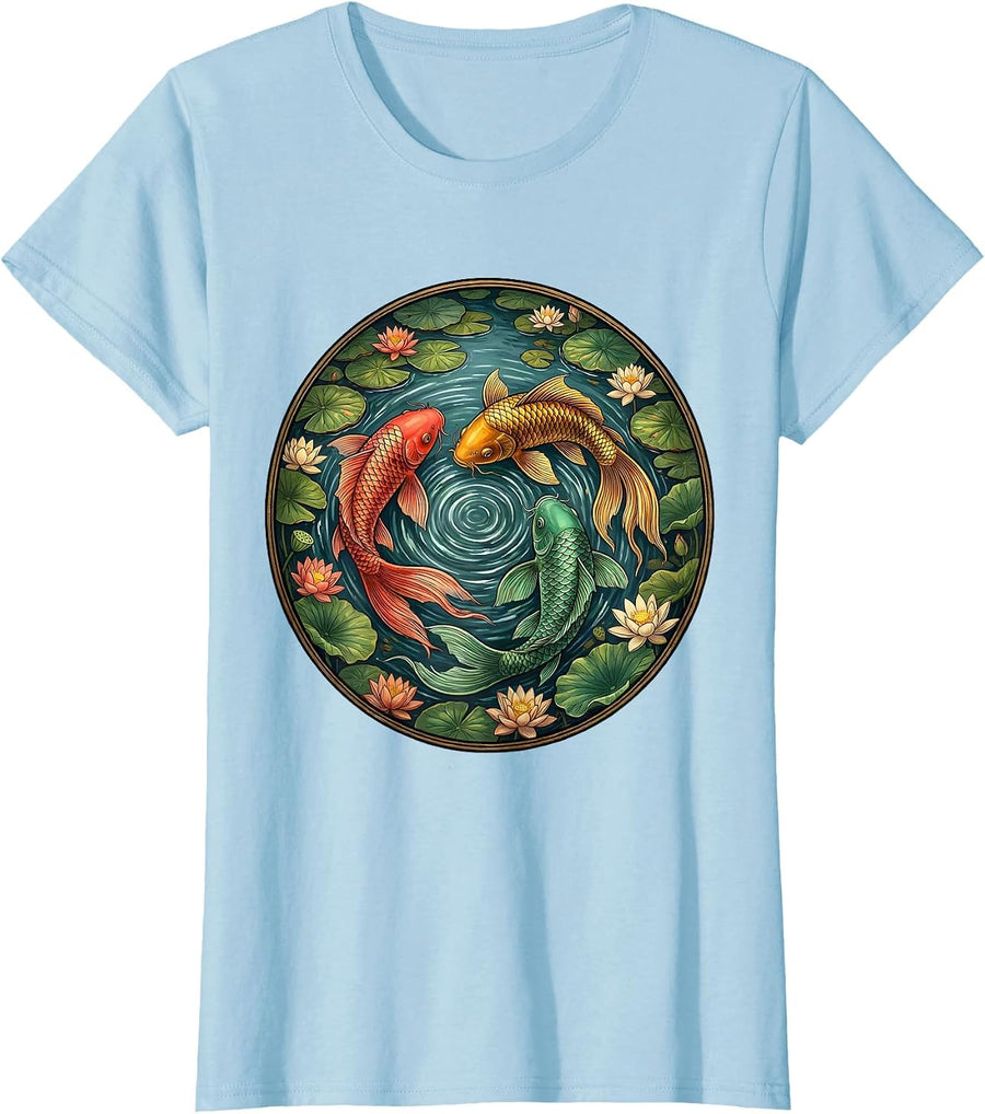 Women's Rainbow Koi Fish Pond Colorful Nature Art T-Shirt - Baby Blue