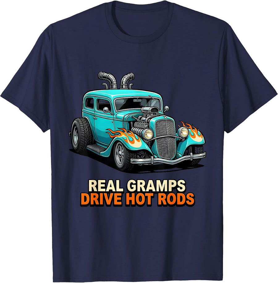 Real Gramps Drive Hot Rods Custom Car Cartoon Hot Rod T-Shirt - Navy Blue