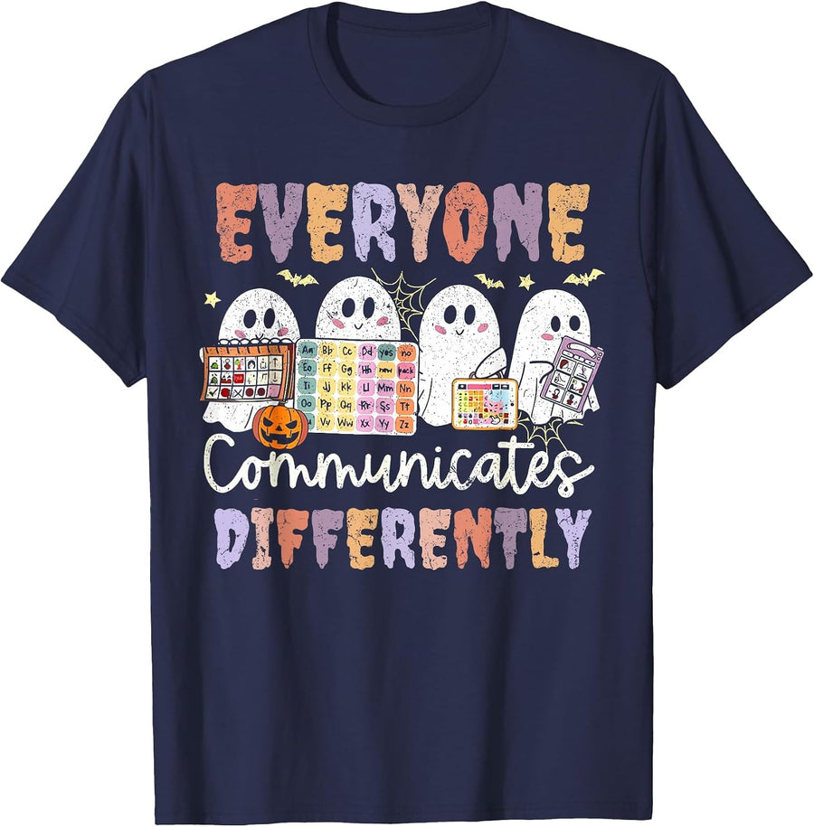 Everyone Communicates Differently Halloween SLP Sped Teacher T-Shirt - Navy Blue