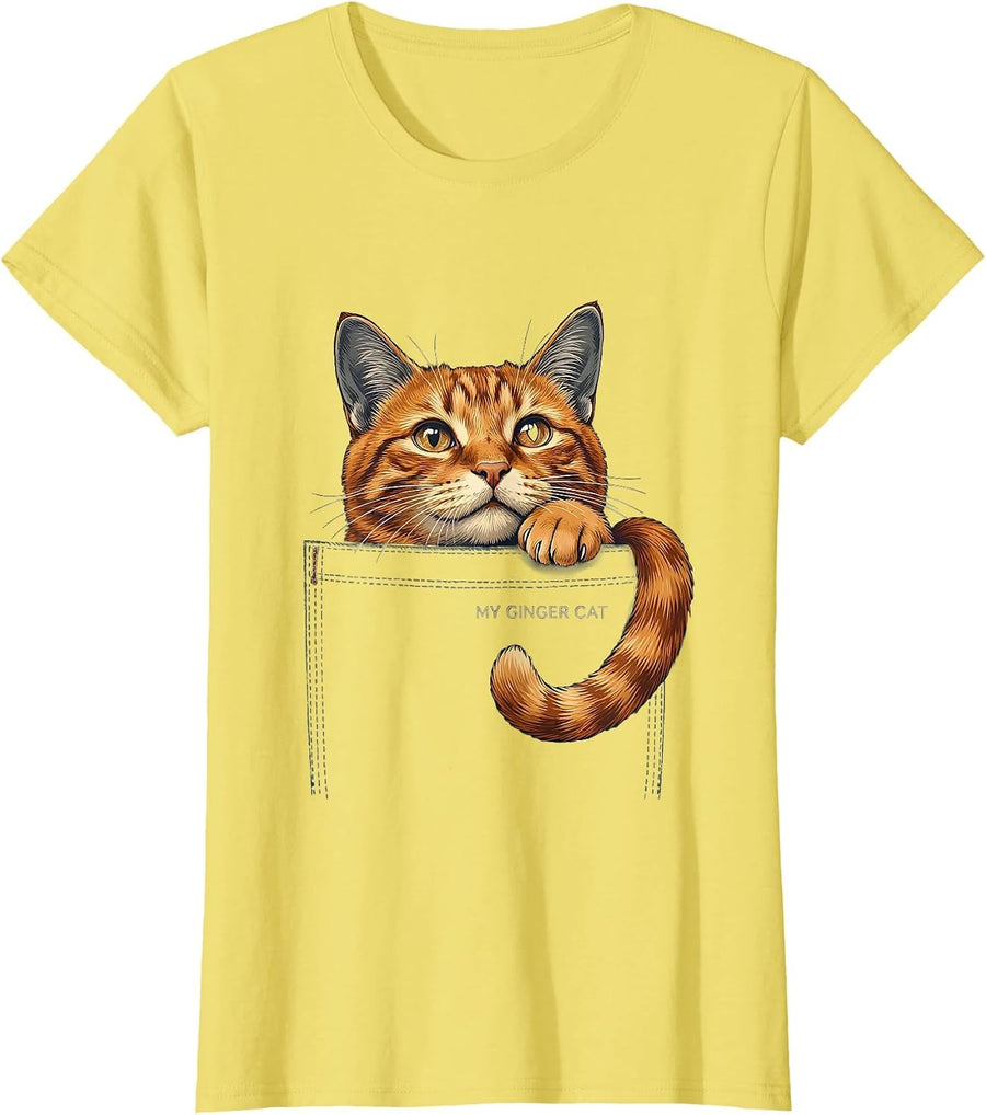 Women's My Ginger Cat Cute Cat Lover Pet Pocket Graphic T-Shirt - Lemon Yellow