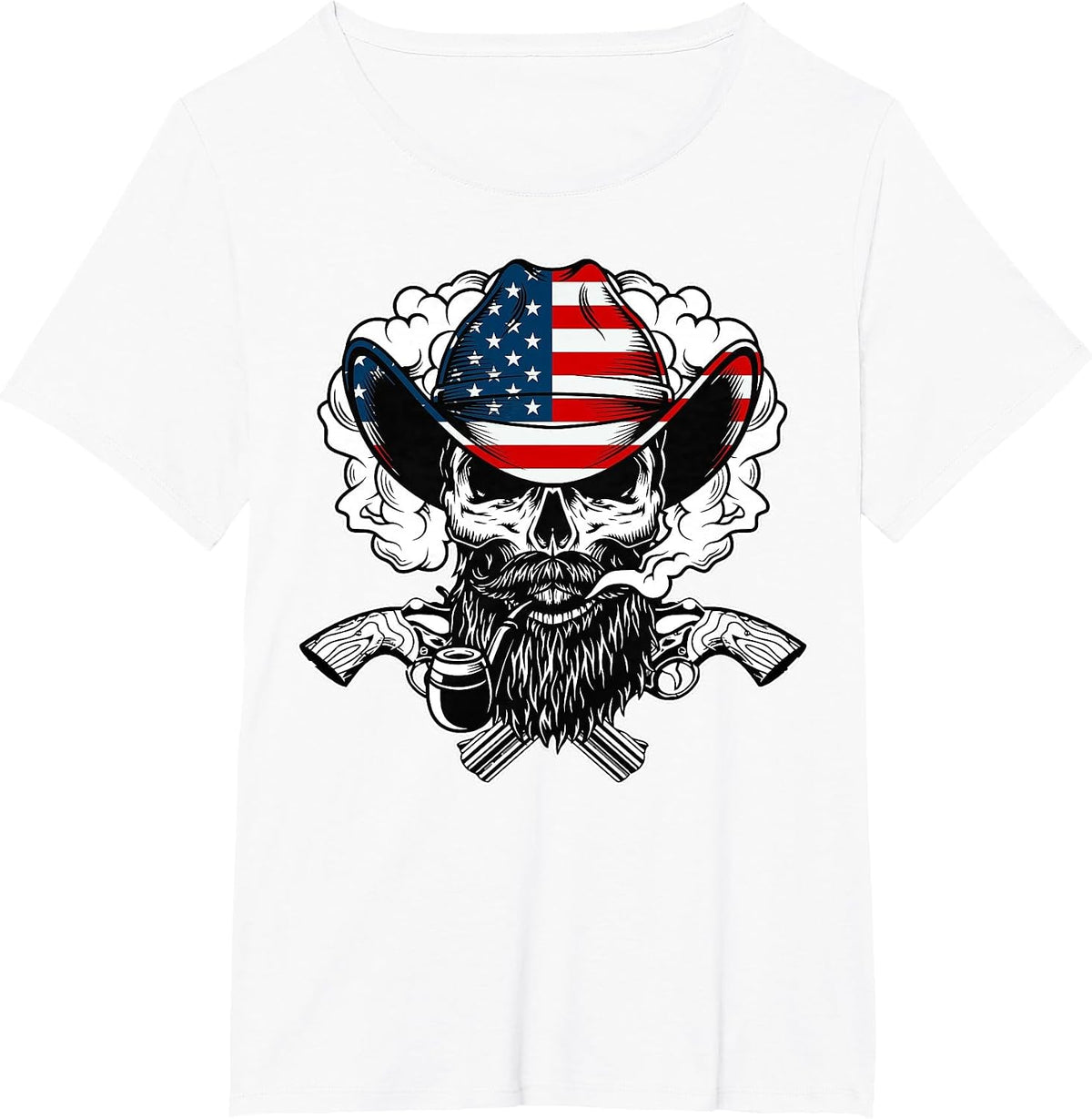 Cool Sugar Skull Cowboy Hat American Flag 4th of July T-Shirt - White