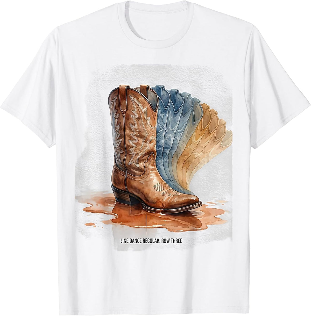 Men's Line Dance Regular Row Three Watercolor Cowboy Boot Dancer T-Shirt - White