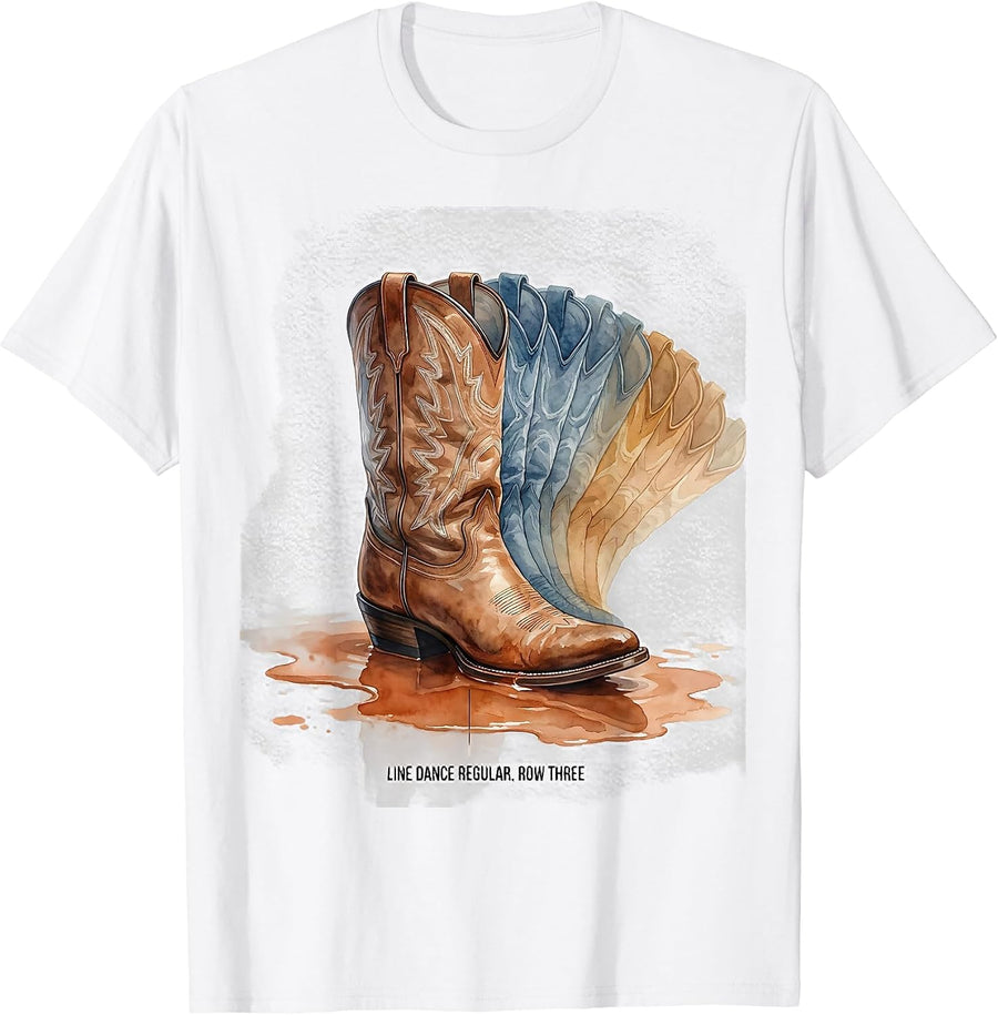 Men's Line Dance Regular Row Three Watercolor Cowboy Boot Dancer T-Shirt - White