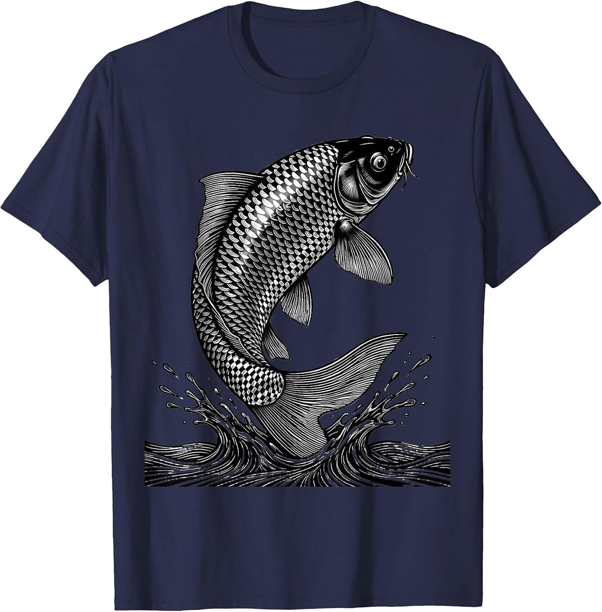 Black and White Checkered Koi Fish Leap T-Shirt - Navy Blue