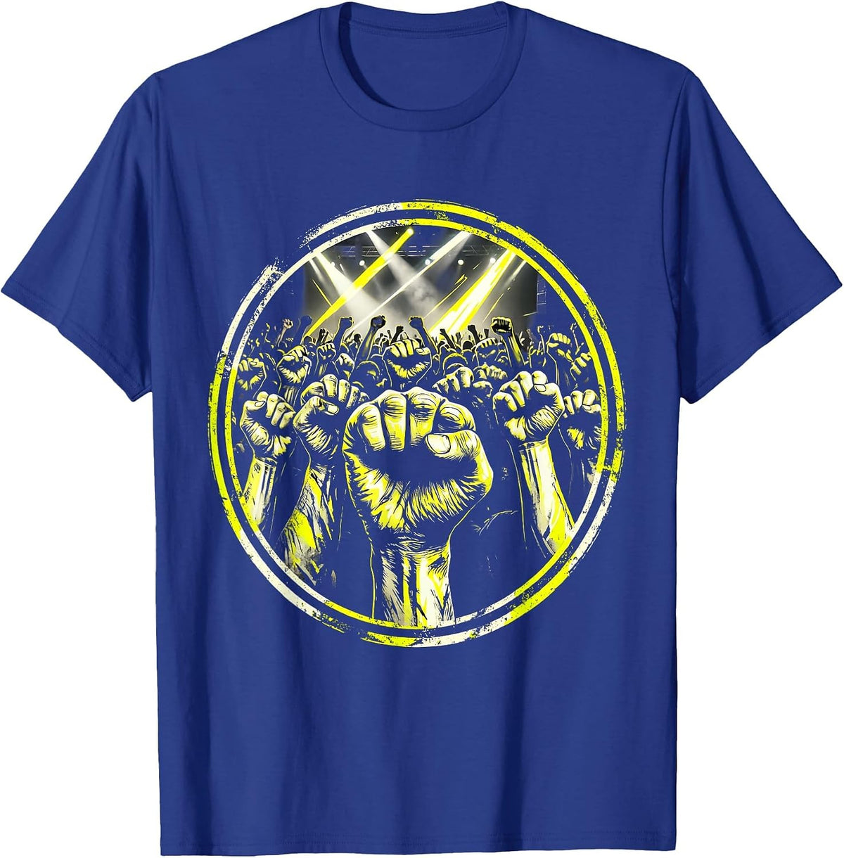 Punk Band Raised Fists Stage Lights Crowd Art T-Shirt - Royal Blue