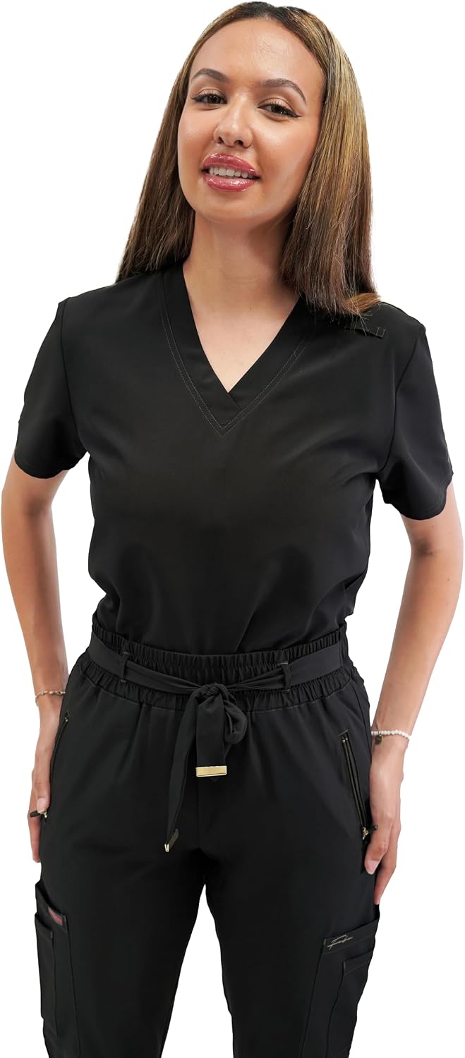 FUBU Women's 5-Pocket V-Neck Scrub Top Medical Nursing Uniform - Black
