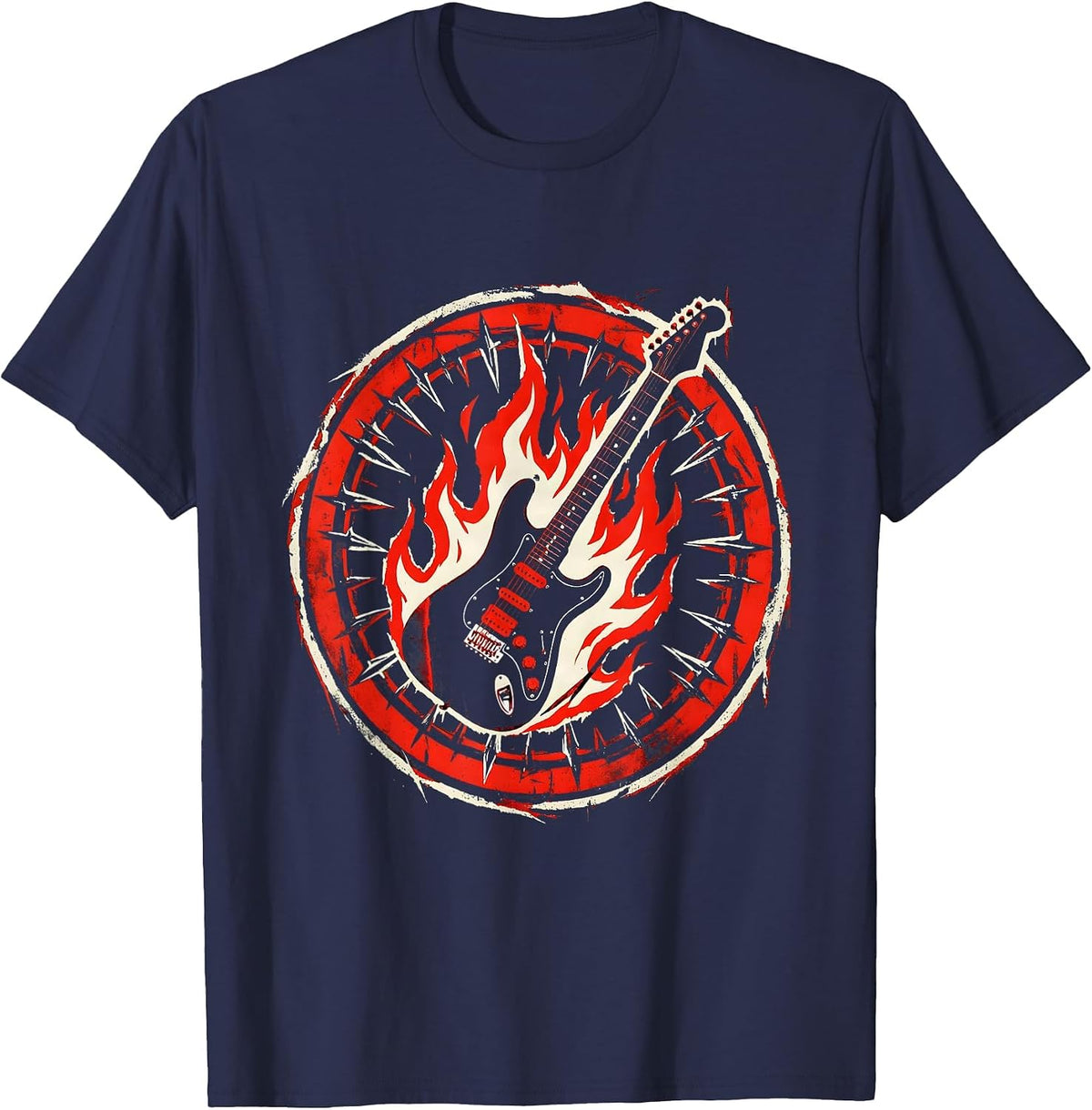 Flaming Electric Guitar 80s Rock Band Graphic T-Shirt - Navy Blue
