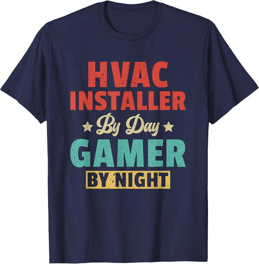 HVAC Installer By Day Gamer By Night HVAC Technician T-Shirt - Navy Blue