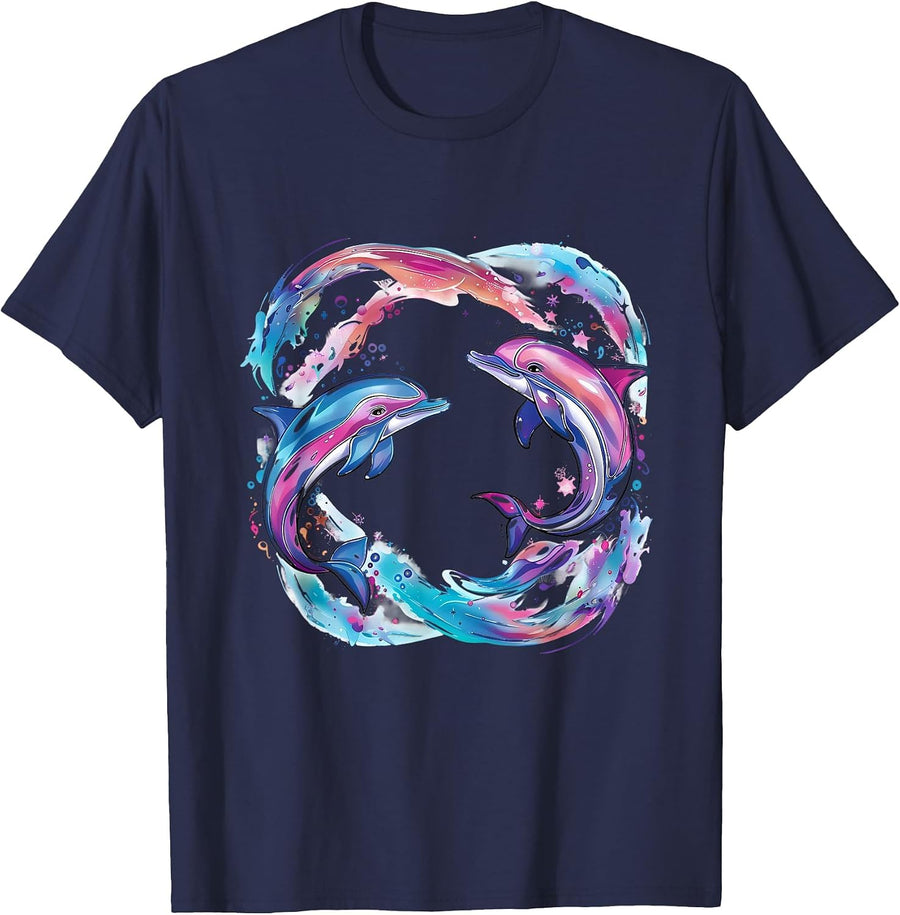 Dolphin Artwork Sea Ocean Animal Lover Ocean Sea Dolphin T-Shirt - Navy Blue