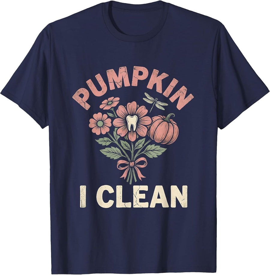 Pumpkin, I Clean Funny Dental Hygienist Boho Halloween T-Shirt - Navy Blue