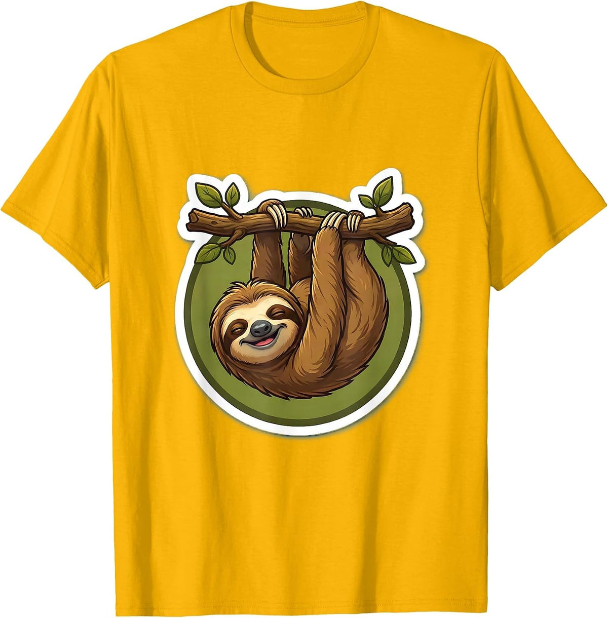 Derpy Sleepy Sloth Hanging Upside Down Design T-Shirt - Golden Yellow