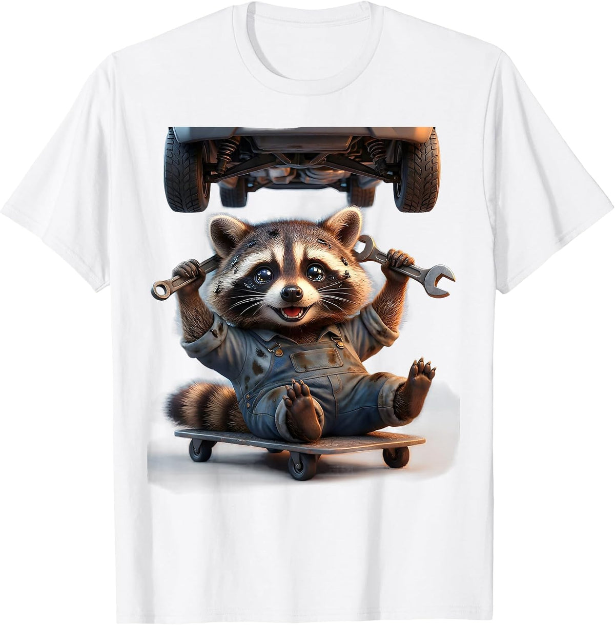 Men's Raccoon Mechanic Grease Monkey Garage Art T-Shirt - White
