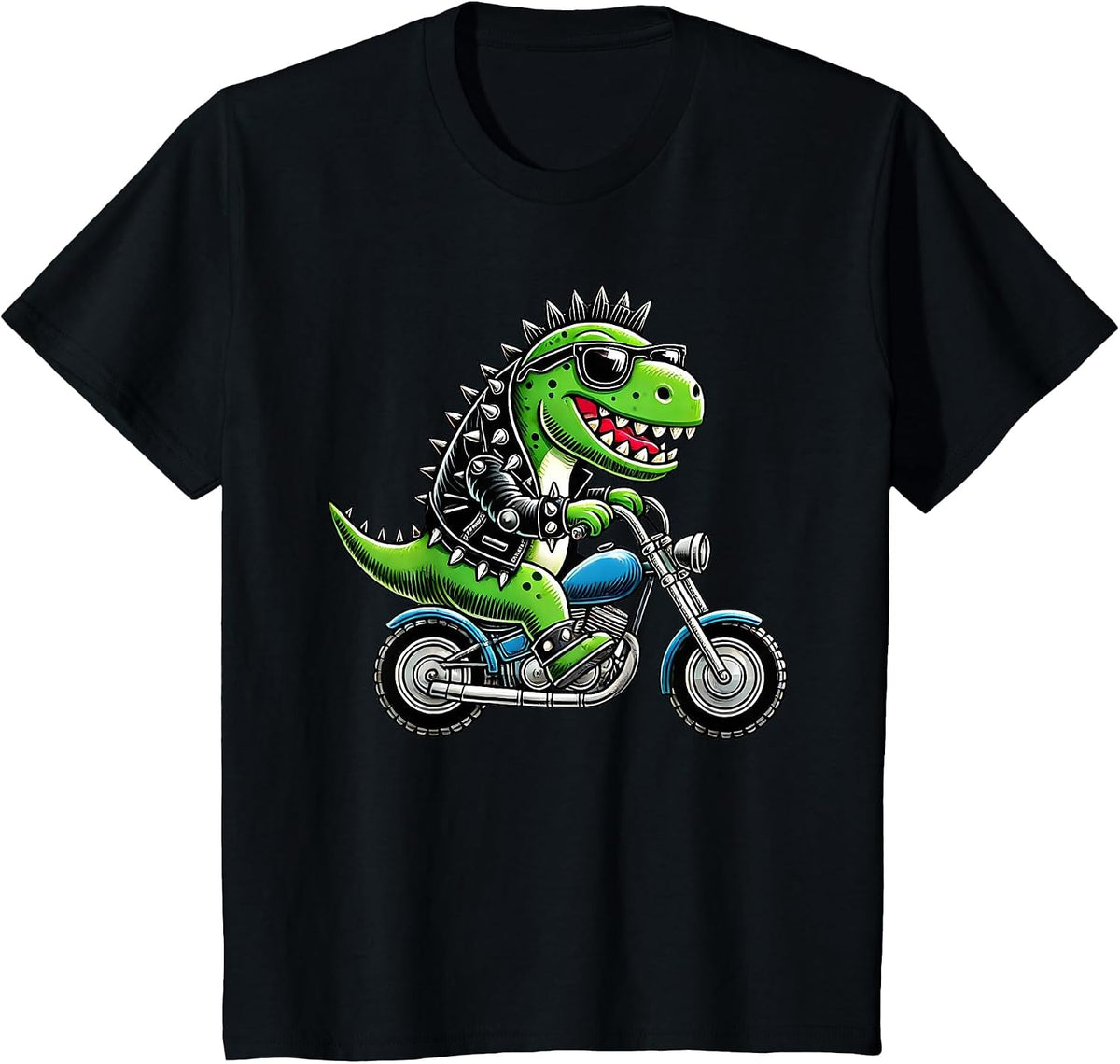 Cute Punk Biker Dinosaur, Funny Dino Riding Motorcycle, Bike T-Shirt - Black