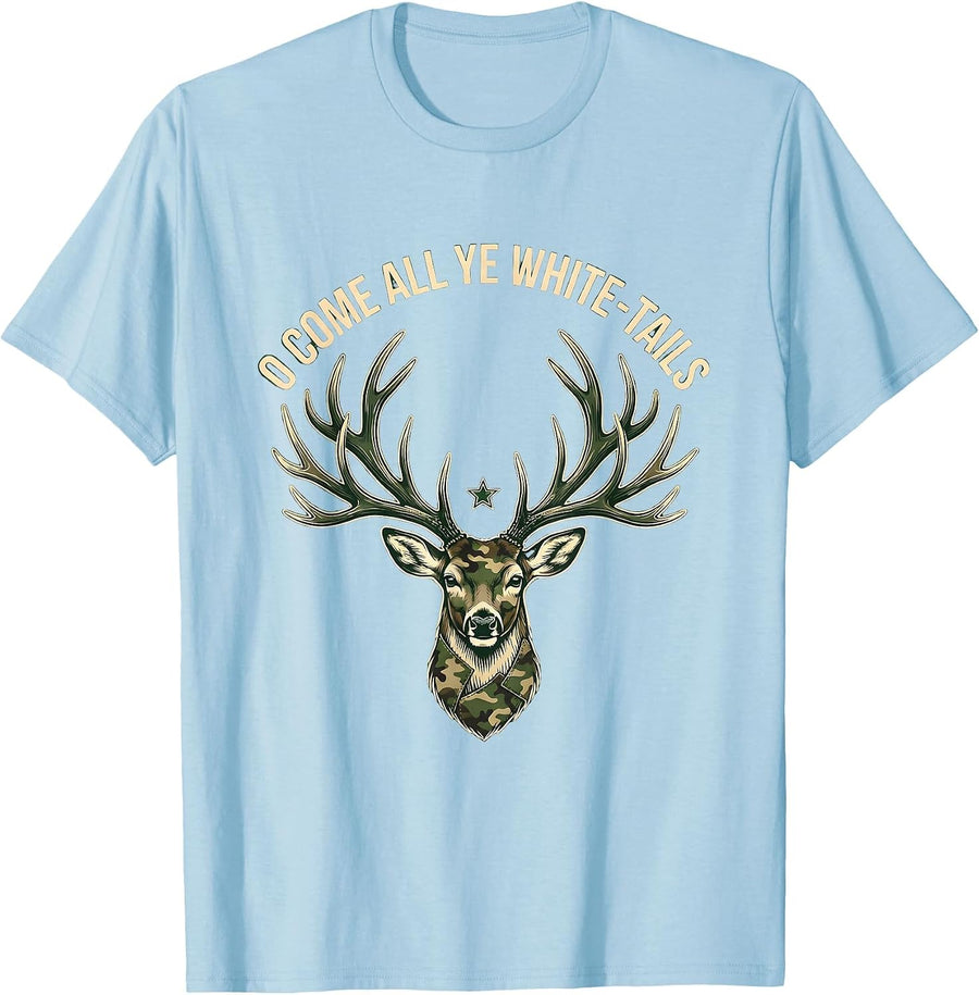 Men's O Come All Ye White-Tails Funny Camo Deer Hunting Christmas T-Shirt - Baby Blue