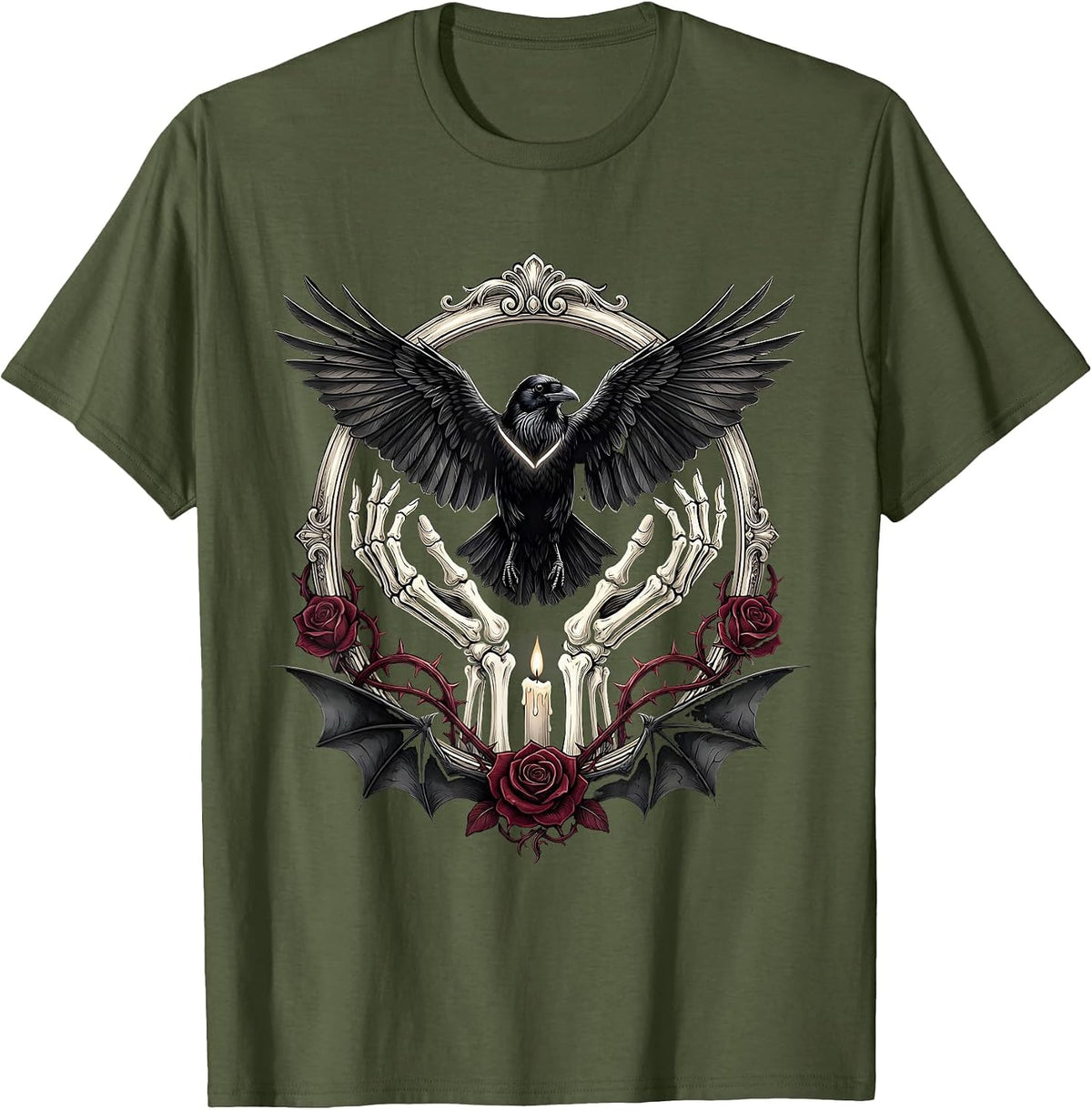 Crow Release Illustration Nature Art Design T-Shirt - Olive Green