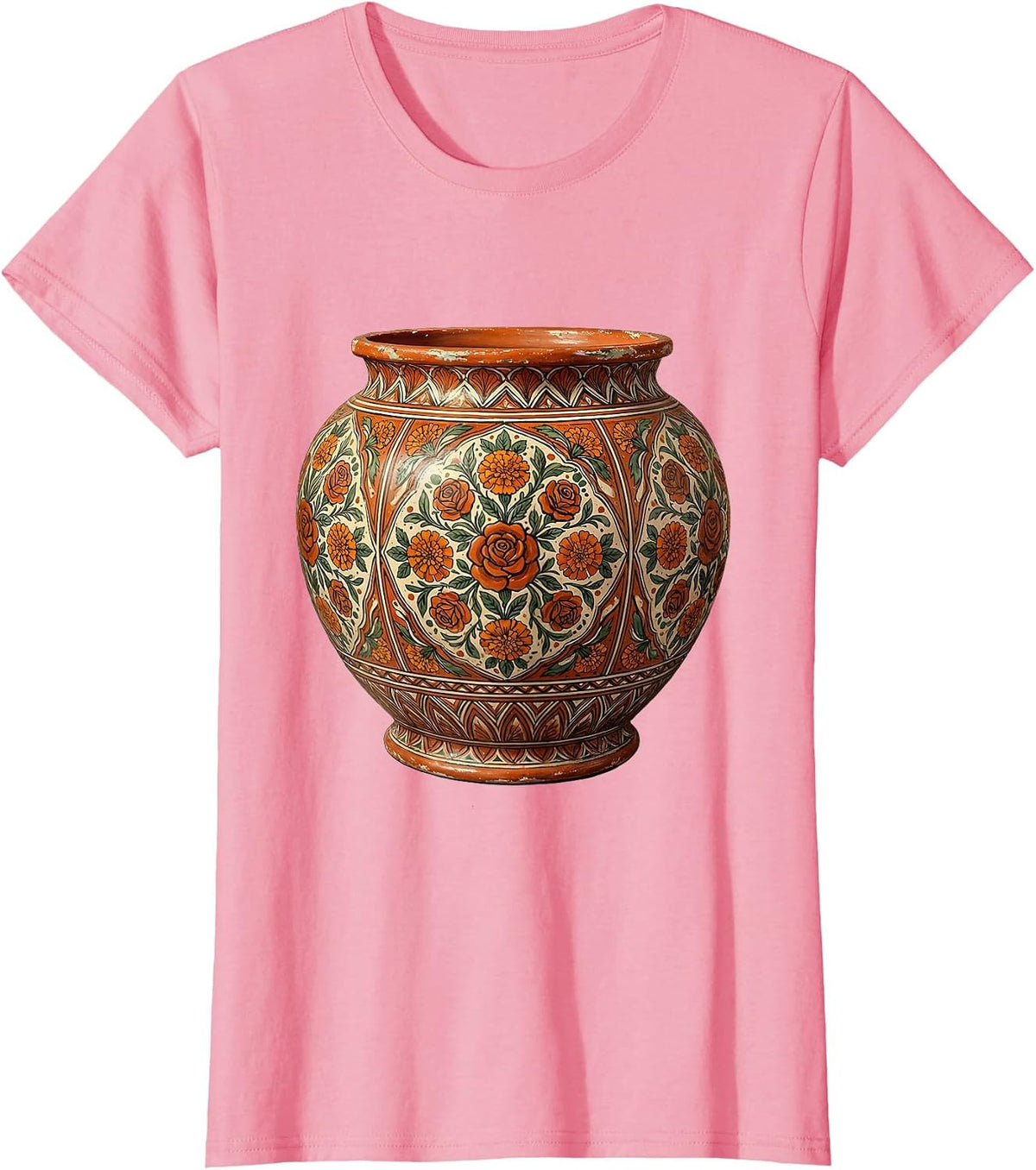 Women's Ornate Talavera Pottery Floral Illustration T-Shirt - Pink