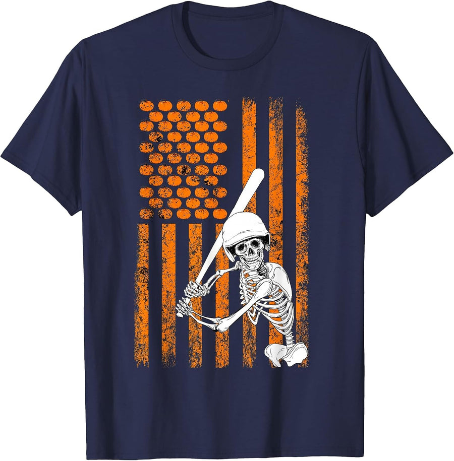 Skeleton Baseball Player Fan Skeleton Halloween Baseball T-Shirt - Navy Blue