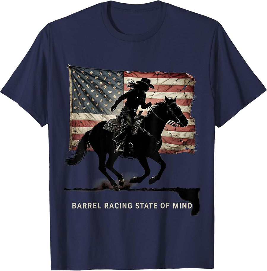 Barrel Racing State Of Mind Cowgirl Design T-Shirt - Navy Blue