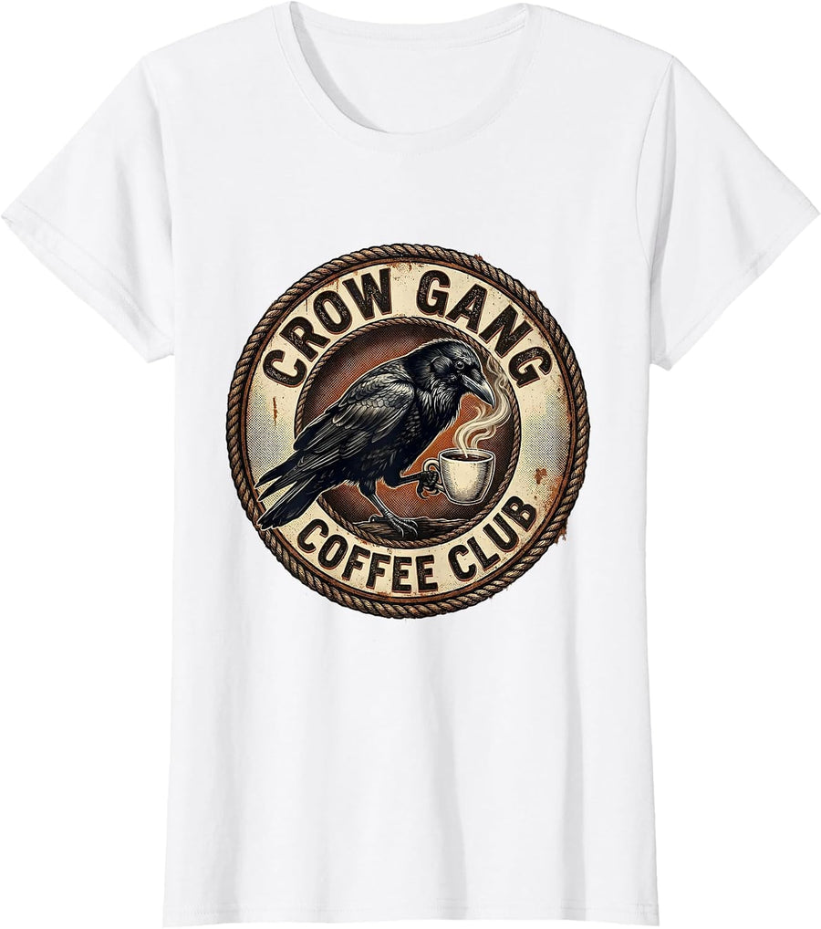 Women's Crow Gang Coffee Club Graphic Design T-Shirt - White