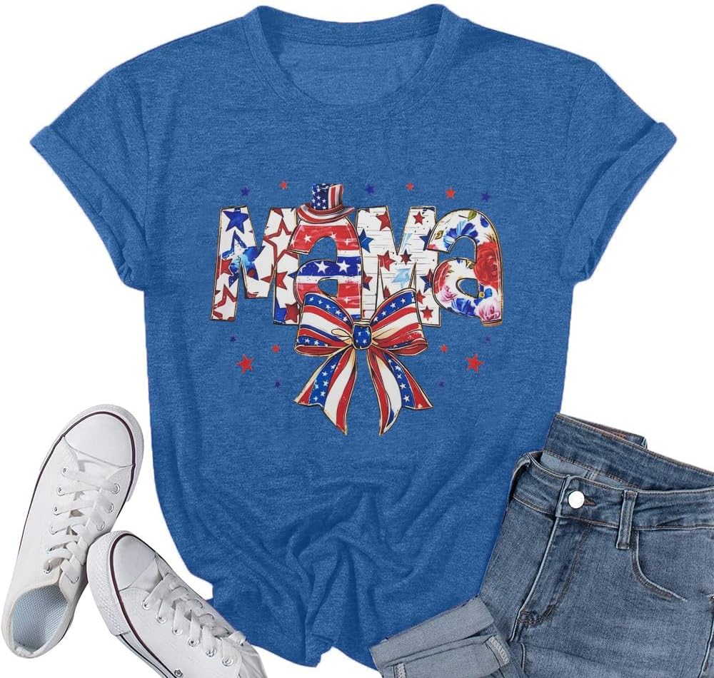 Mama Shirt for Women Mama Letter Print T-Shirt Funny Mom Life Tops Tee - Blue-b
