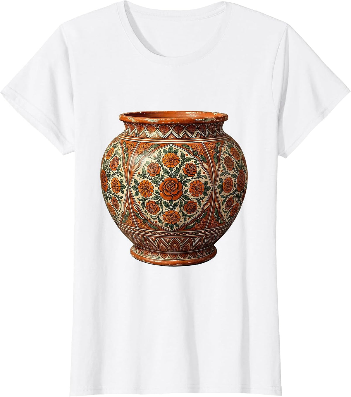 Women's Ornate Talavera Pottery Floral Illustration T-Shirt - White