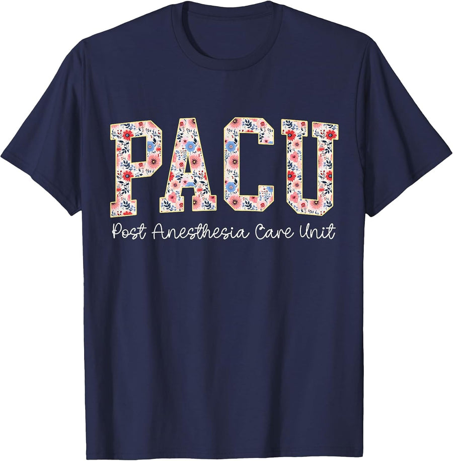 Floral Pacu Nurse Wake Up with A Pacu Nurse Perioperative T-Shirt - Navy Blue