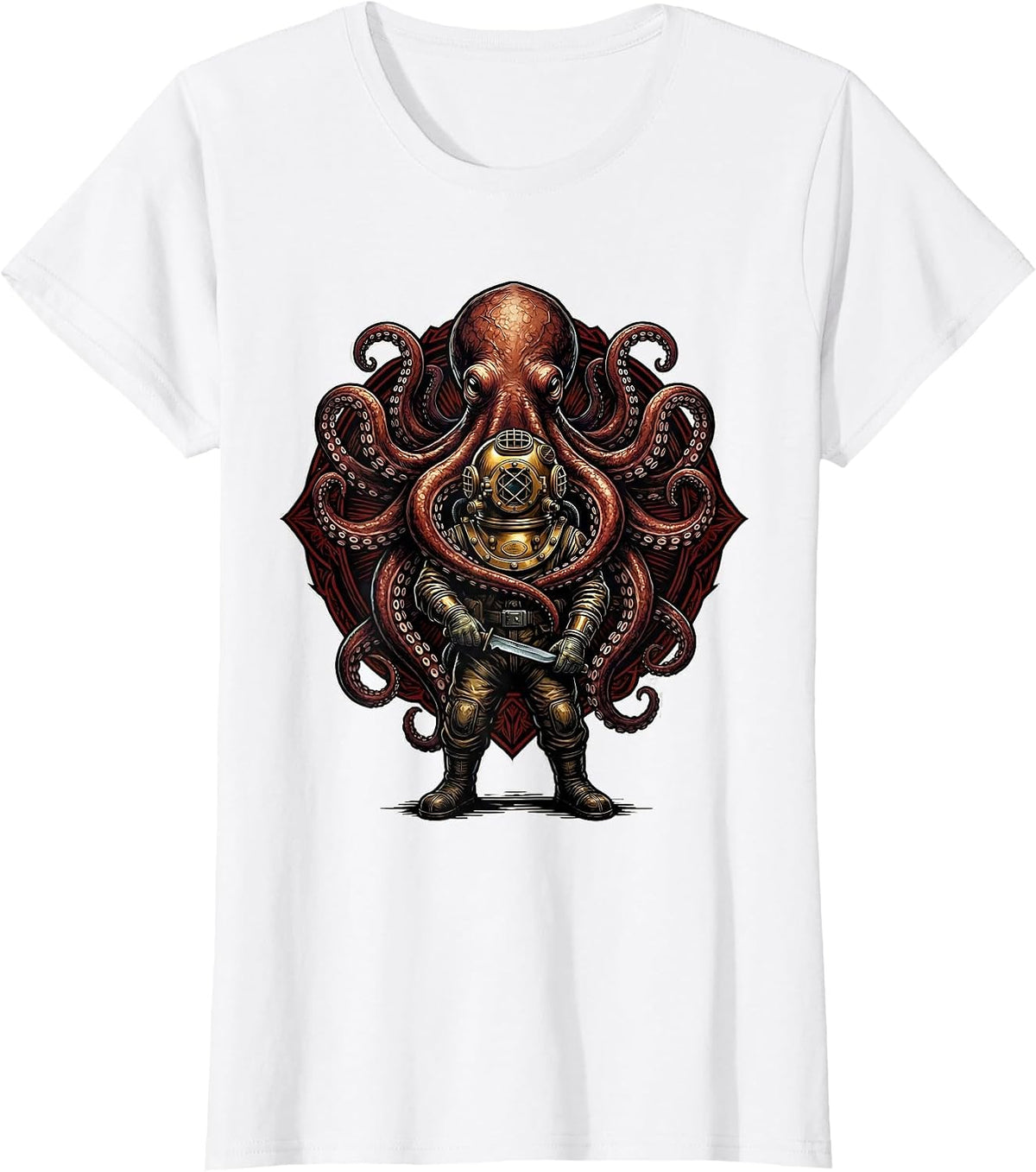 Deep Sea Diver vs Giant Octopus Cruise Design T-Shirt - White