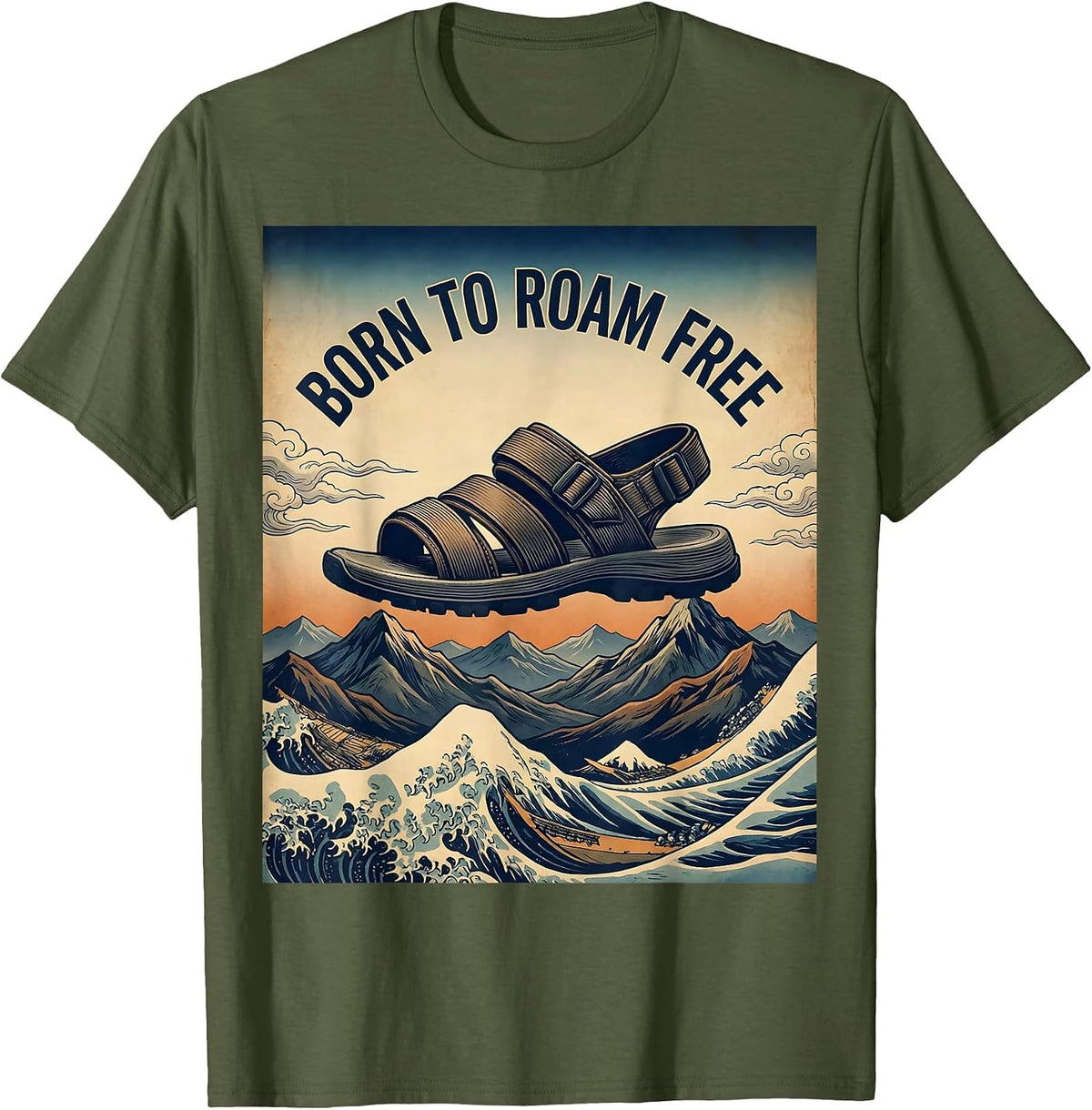 Born to Roam Free Adventure Hiking Sandals Design T-Shirt - Olive Green