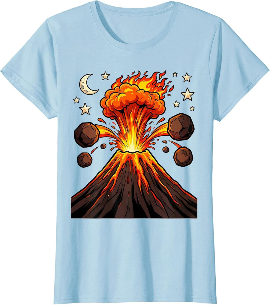 Women's Volcano Erupting Under Starry Night Sky Graphic T-Shirt - Baby Blue
