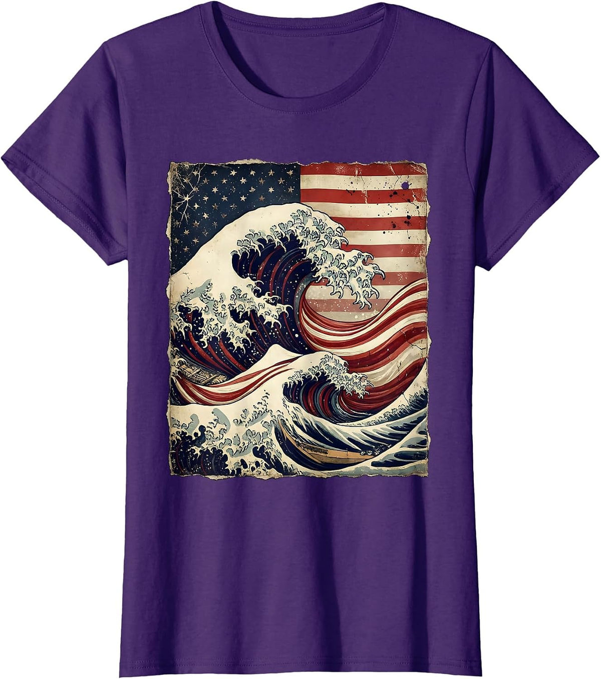 Women's American Flag Wave Curl Ocean Tide Graphic T-Shirt - Purple