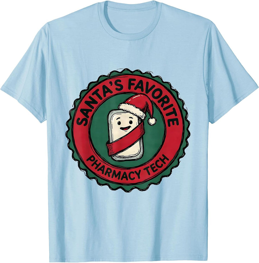Men's Santa's Favorite Pharmacy Tech Funny Pharmacist Tech T-Shirt - Baby Blue