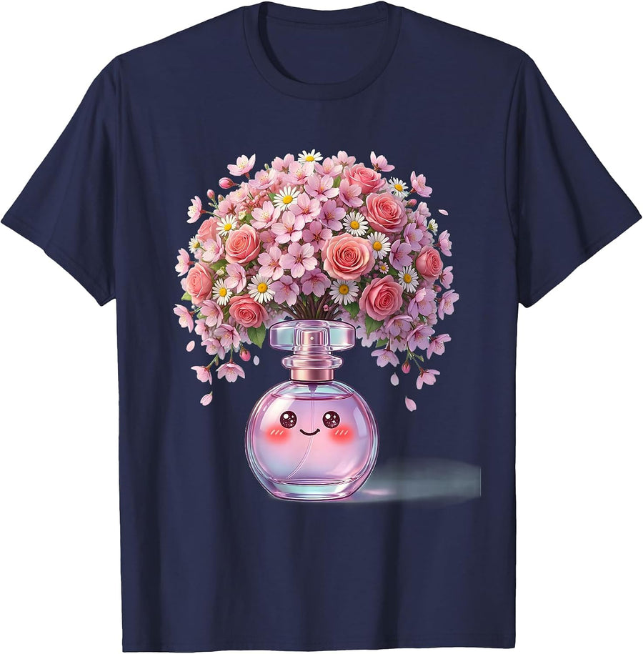 Gigi Floral Perfume Bottle Overflow Design T-Shirt - Navy Blue