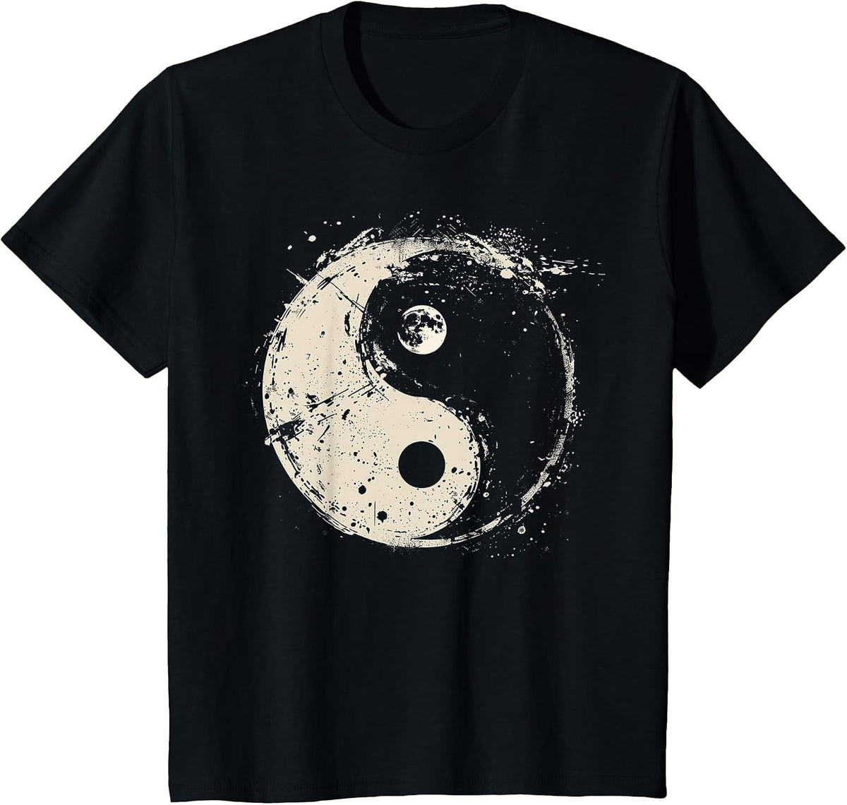 Distressed Yin Yang Moon Balance Spiritual Design T-Shirt - Black