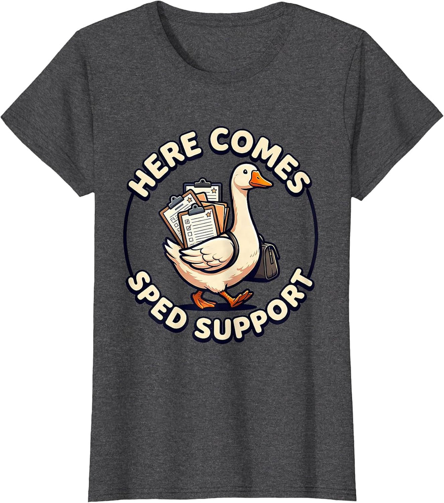 Women's Here Comes SPED Support Cute Kawaii Funny SPED Teacher T-Shirt - Dark Heather Grey