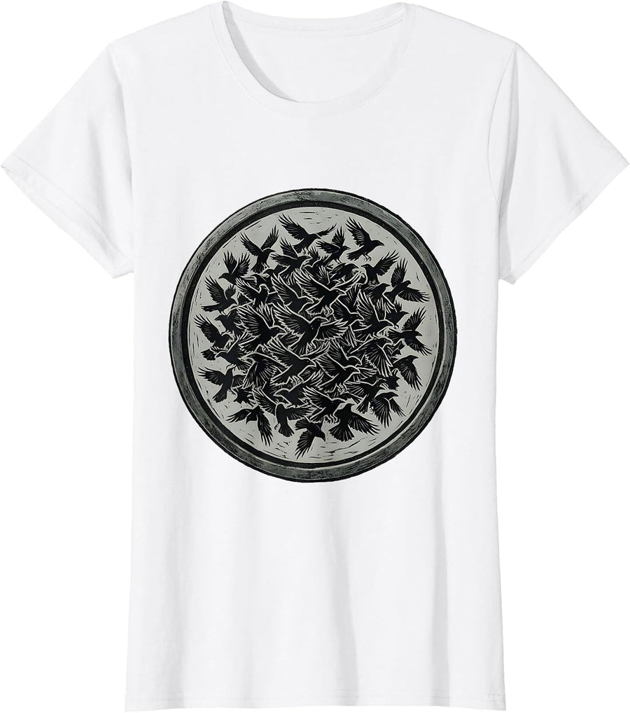 Women's Massive Crow Flock Darkening the Sky Design T-Shirt - White