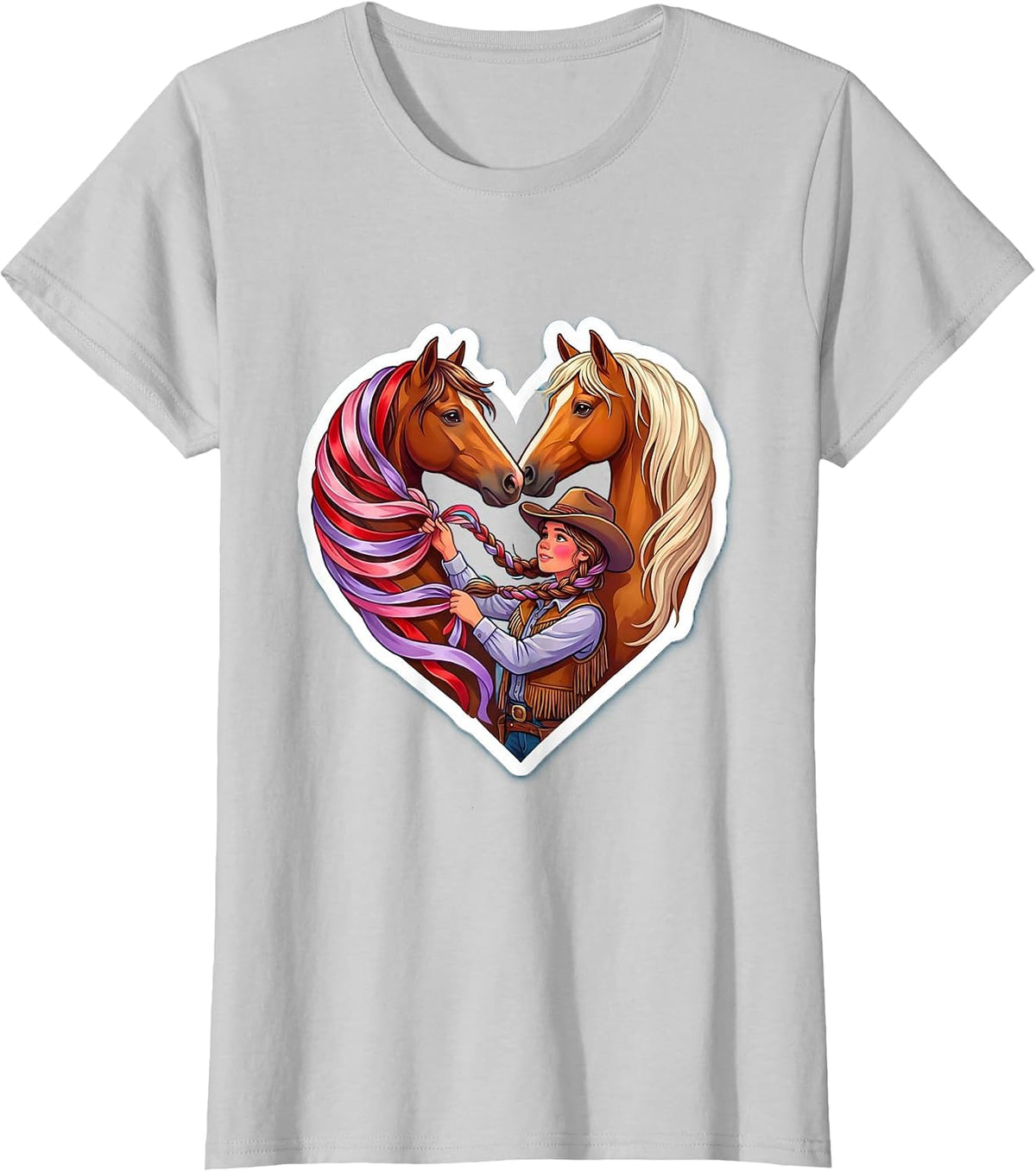 Cowgirl Braiding Horse Mane With Ribbons T-Shirt - Silver Grey