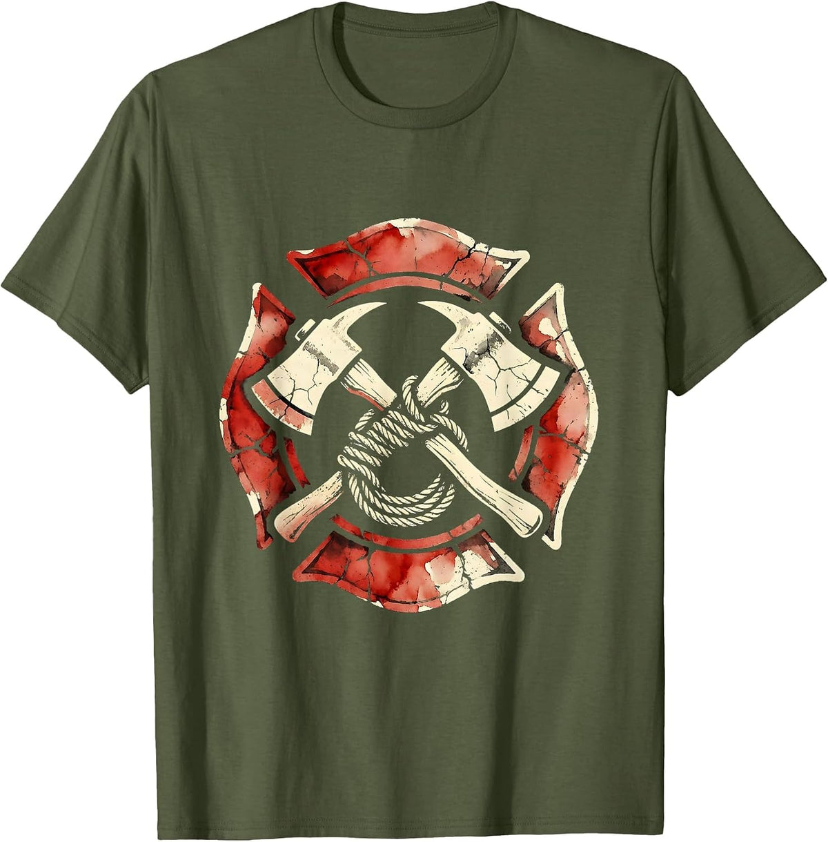 Labor Day Firefighter Axe and Rope Crossed Graphic T-Shirt - Olive Green