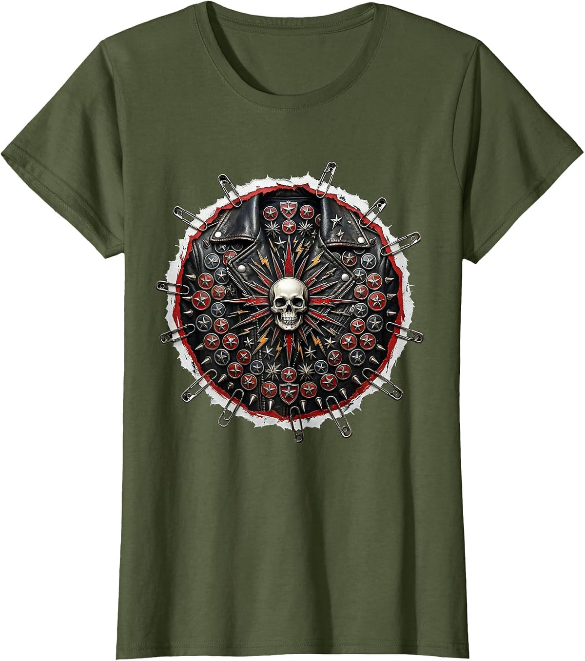 Women's 80s Metal Band Pins Leather Jacket Graphic T-Shirt - Olive Green