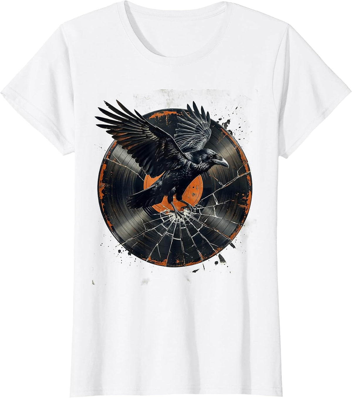 Raven on Broken Vinyl Record Rock Music Art T-Shirt - White