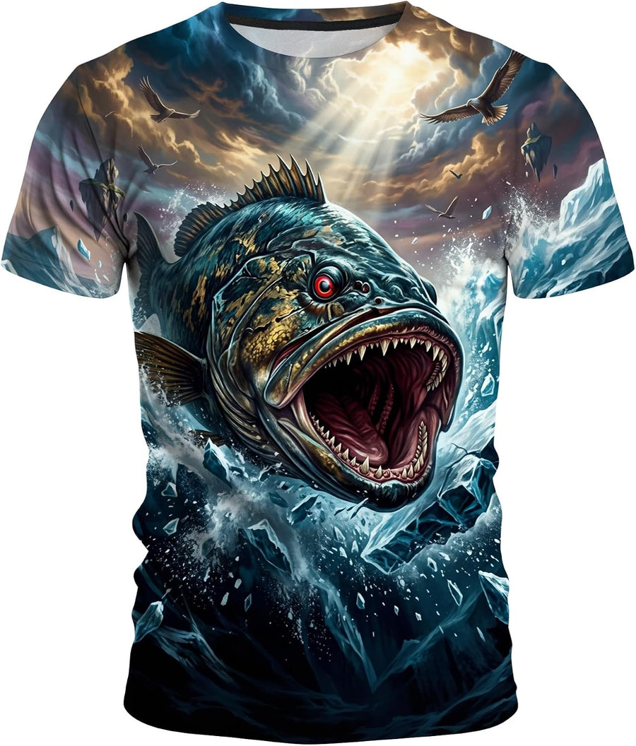 Men’s 3D Ocean Graphic T-Shirt, Nautical & Sailing Print Summer Top - Big Fish-03