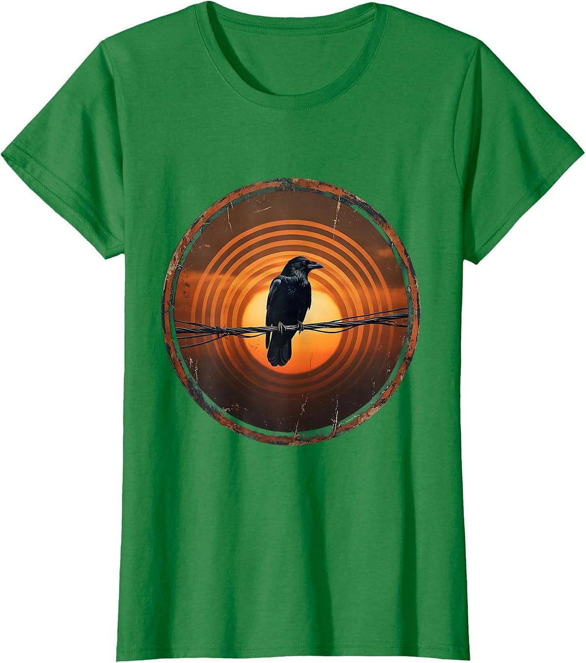 Crow Silhouette on Telephone Wire at Dusk T-Shirt - Kelly Green