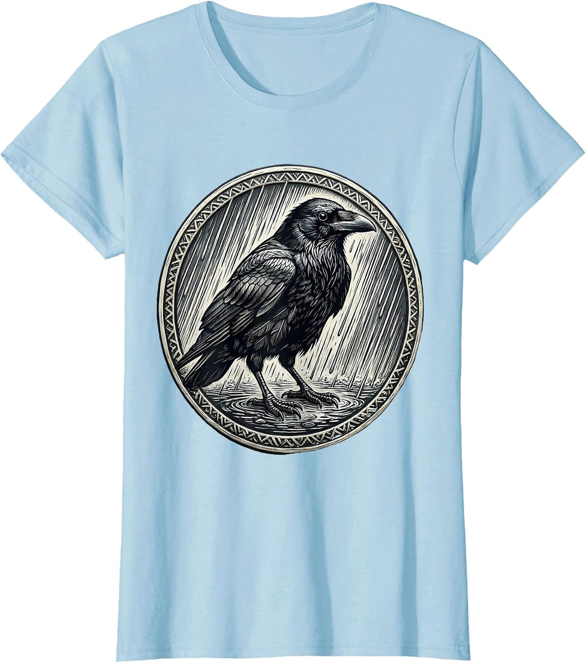 Crow in Heavy Rain Dark Moody Bird Illustration T-Shirt - Baby Blue