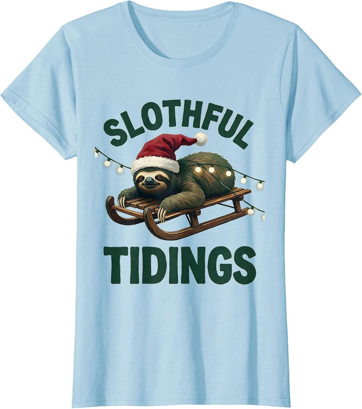 Slothful Tidings Funny Sloth Christmas Lights Santa Hat T-Shirt - Baby Blue