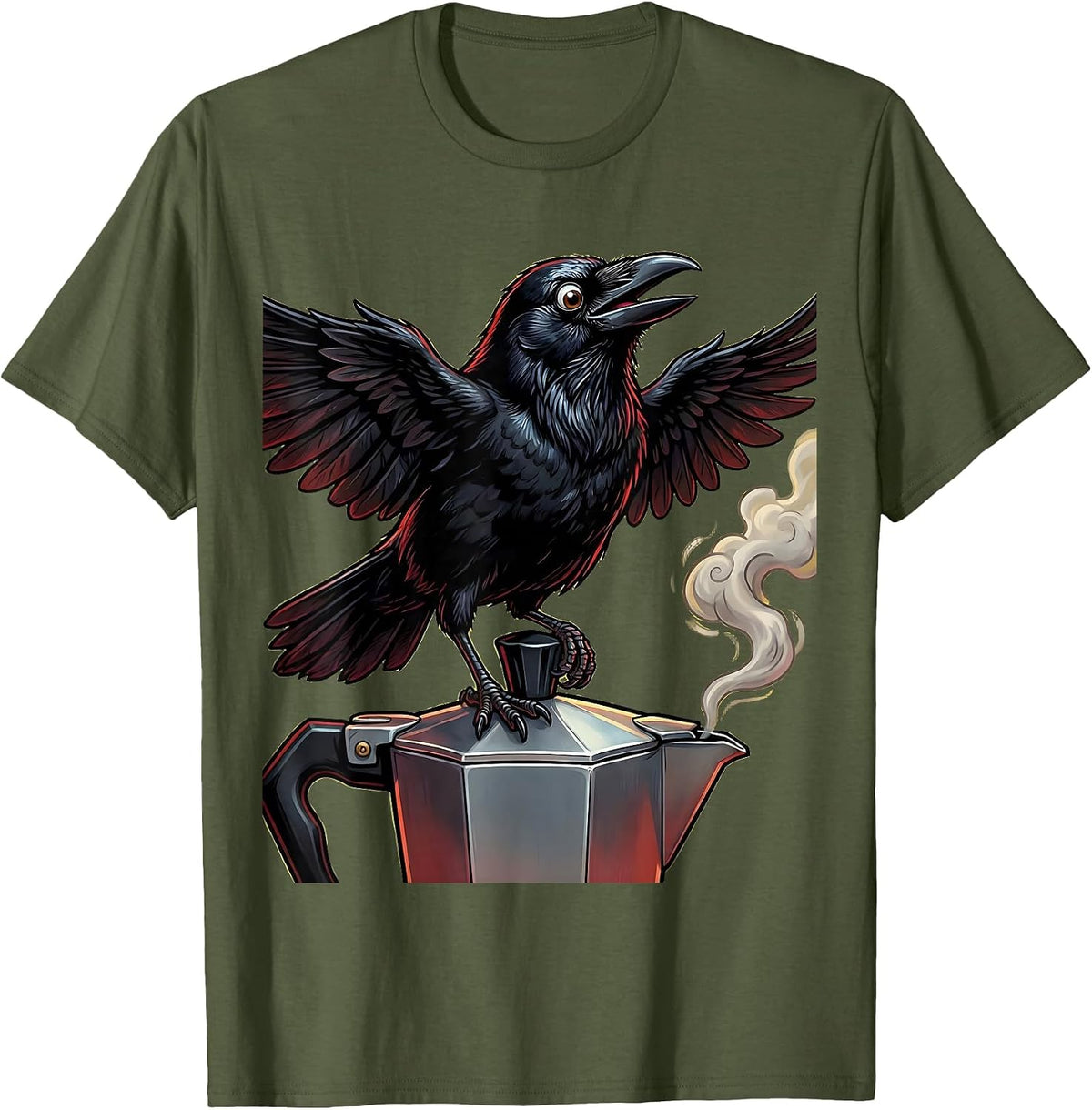 Crow Perched on Moka Pot Coffee Illustration T-Shirt - Olive Green
