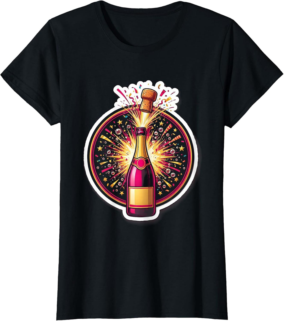 Champagne Pop Confetti Burst Celebration Graphic T-Shirt - Black